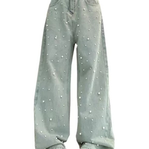 Y2K Vintage Pearl Denim Pants - Women's Korean Fashion Streetwear