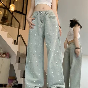 Y2K Vintage Pearl Denim Pants - Women's Korean Fashion Streetwear