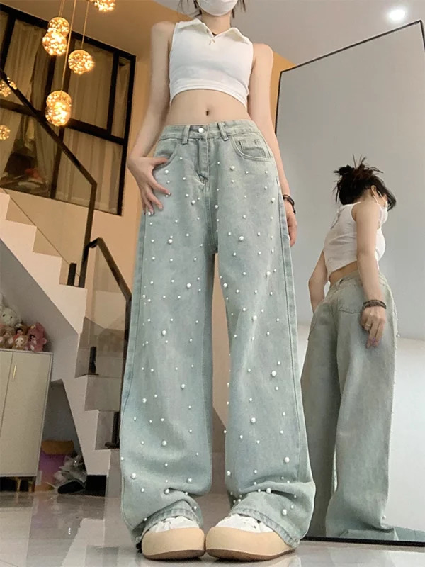 Y2K Vintage Pearl Denim Pants - Women's Korean Fashion Streetwear