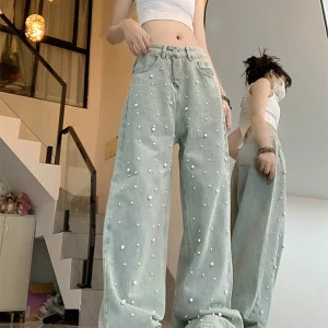 Y2K Vintage Pearl Denim Pants - Women's Korean Fashion Streetwear