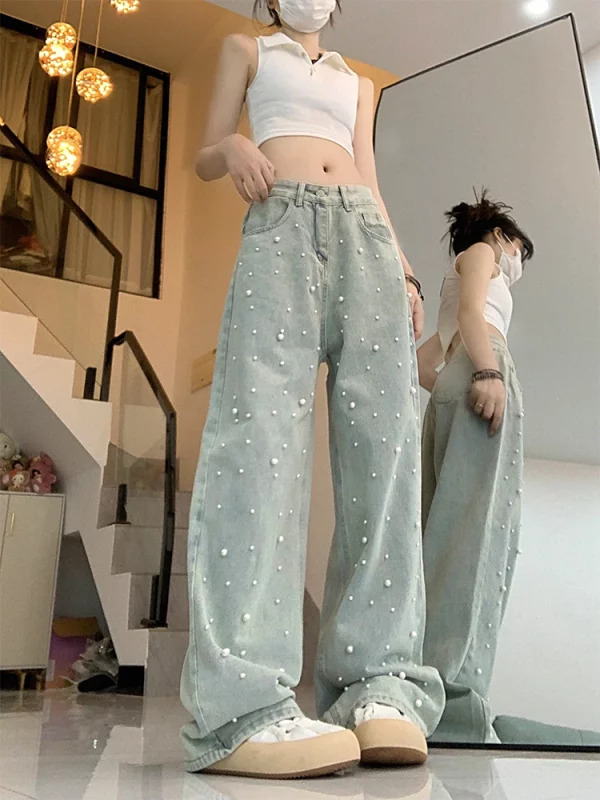 Y2K Vintage Pearl Denim Pants - Women's Korean Fashion Streetwear