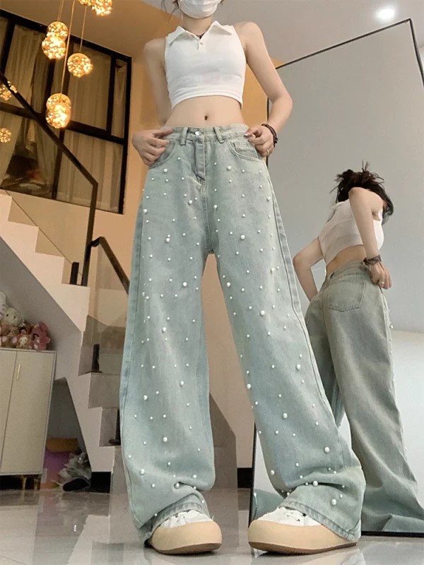 Y2K Vintage Pearl Denim Pants - Women's Korean Fashion Streetwear