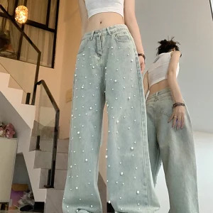 Y2K Vintage Pearl Denim Pants - Women's Korean Fashion Streetwear