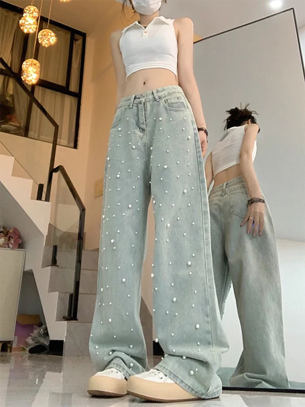 Y2K Vintage Pearl Denim Pants - Women's Korean Fashion Streetwear