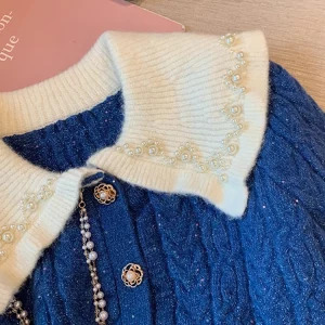 Y2K Vintage Peter Pan Collar Cardigan with Pearl Chain - Grunge Aesthetic Luxury Sweater