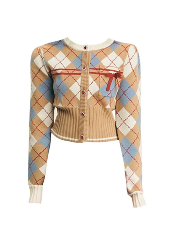 Y2K Vintage Plaid Cardigan: Autumn Winter Preppy Style Single-breasted Cropped Sweater