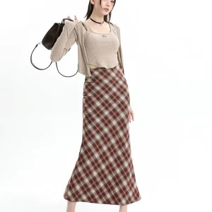 Y2K Vintage Plaid Midi Skirt - French Fashion High Waist Mermaid Style - Grunge Fairy Core - Elegant Retro