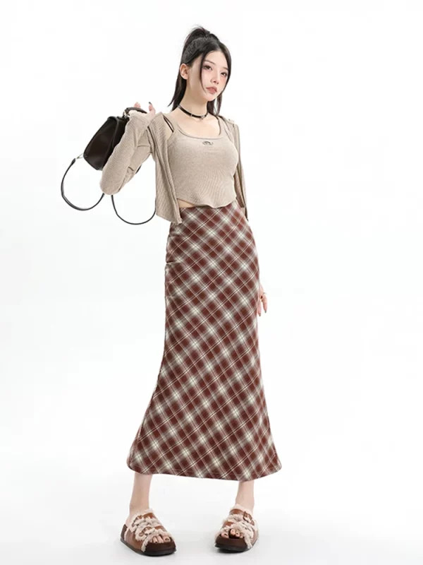 Y2K Vintage Plaid Midi Skirt - French Fashion High Waist Mermaid Style - Grunge Fairy Core - Elegant Retro