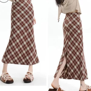 Y2K Vintage Plaid Midi Skirt - French Fashion High Waist Mermaid Style - Grunge Fairy Core - Elegant Retro