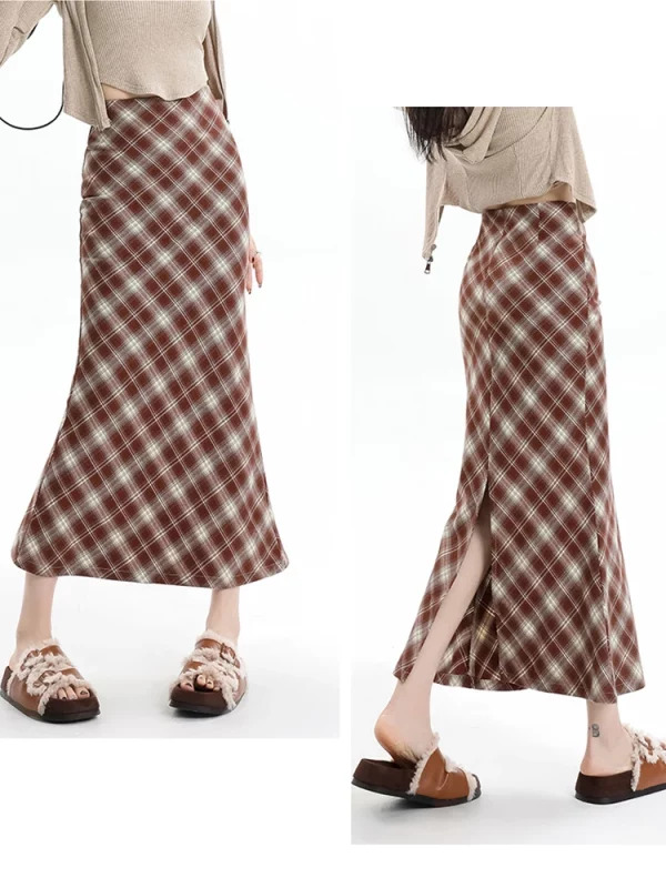 Y2K Vintage Plaid Midi Skirt - French Fashion High Waist Mermaid Style - Grunge Fairy Core - Elegant Retro