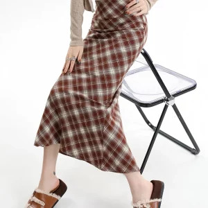 Y2K Vintage Plaid Midi Skirt - French Fashion High Waist Mermaid Style - Grunge Fairy Core - Elegant Retro