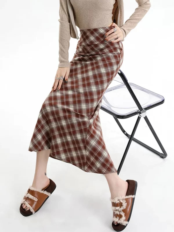 Y2K Vintage Plaid Midi Skirt - French Fashion High Waist Mermaid Style - Grunge Fairy Core - Elegant Retro