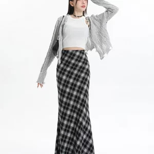 Y2K Vintage Plaid Midi Skirt - French Fashion High Waist Mermaid Style - Grunge Fairy Core - Elegant Retro