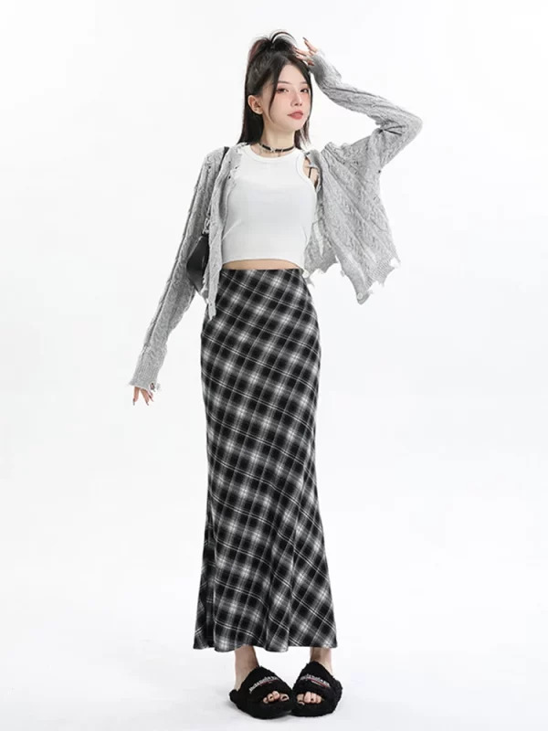 Y2K Vintage Plaid Midi Skirt - French Fashion High Waist Mermaid Style - Grunge Fairy Core - Elegant Retro