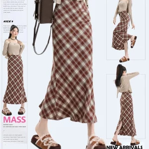 Y2K Vintage Plaid Midi Skirt - French Fashion High Waist Mermaid Style - Grunge Fairy Core - Elegant Retro