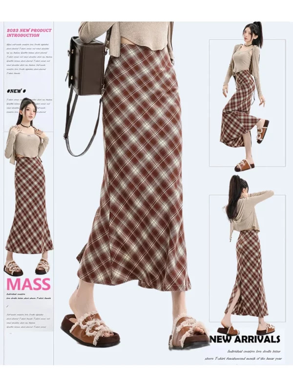 Y2K Vintage Plaid Midi Skirt - French Fashion High Waist Mermaid Style - Grunge Fairy Core - Elegant Retro