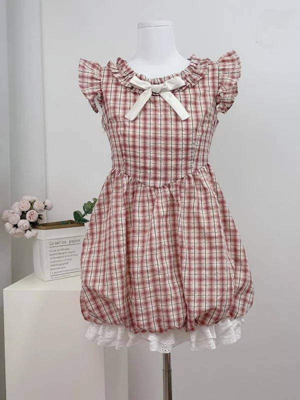 Y2K Vintage Plaid Mini Dress - Korean Style Aesthetic Mori Girl Lace Court Party Outfit