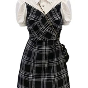 Y2K Vintage Plaid Patchwork Mini Shirt Dress - Summer Women's Preppy Style One-Piece