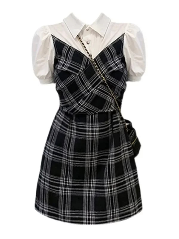 Y2K Vintage Plaid Patchwork Mini Shirt Dress - Summer Women's Preppy Style One-Piece