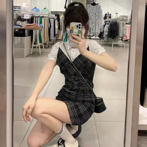 Y2K Vintage Plaid Patchwork Mini Shirt Dress - Summer Women's Preppy Style One-Piece