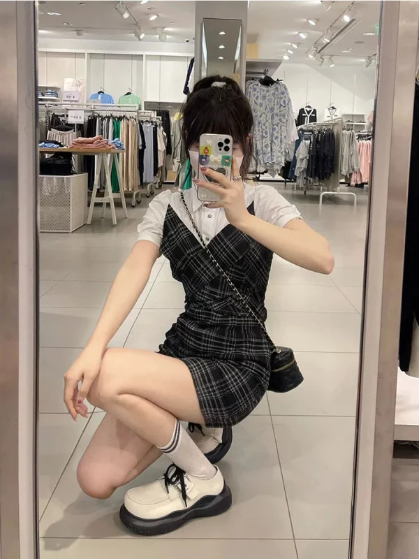 Y2K Vintage Plaid Patchwork Mini Shirt Dress - Summer Women's Preppy Style One-Piece