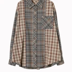 Y2K Vintage Plaid Spliced Blouse - Oversized Long Sleeve Streetwear Top