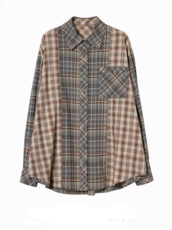 Y2K Vintage Plaid Spliced Blouse - Oversized Long Sleeve Streetwear Top