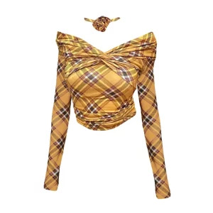 Y2K Vintage Plaid V-Neck T-Shirt - Women's Kpop Gyaru Long Sleeve Crop Top