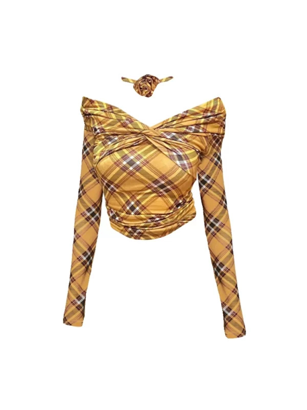 Y2K Vintage Plaid V-Neck T-Shirt - Women's Kpop Gyaru Long Sleeve Crop Top