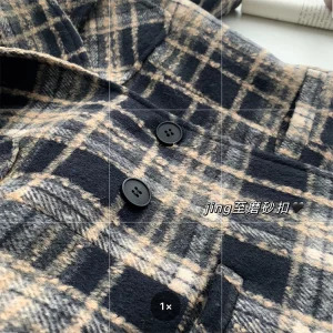 Y2K Vintage Plaid Woolen Blazer - Double Breasted Cropped Jacket