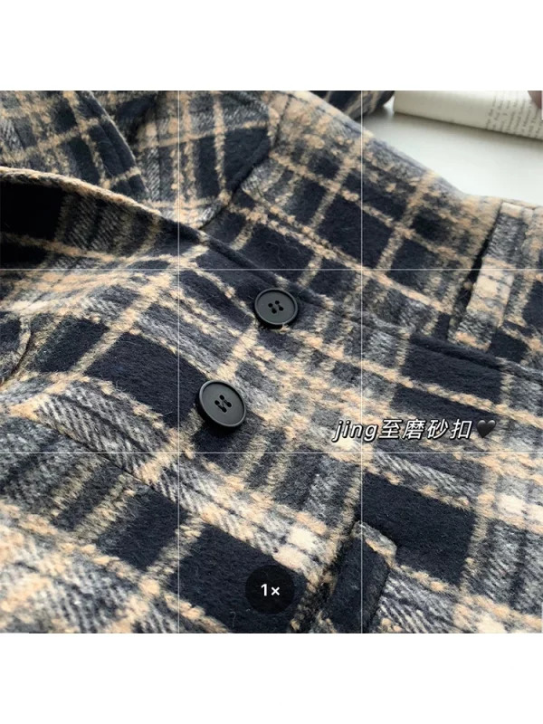 Y2K Vintage Plaid Woolen Blazer - Double Breasted Cropped Jacket