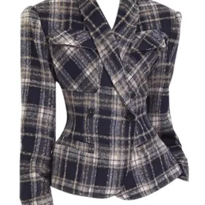 Y2K Vintage Plaid Woolen Blazer - Double Breasted Cropped Jacket