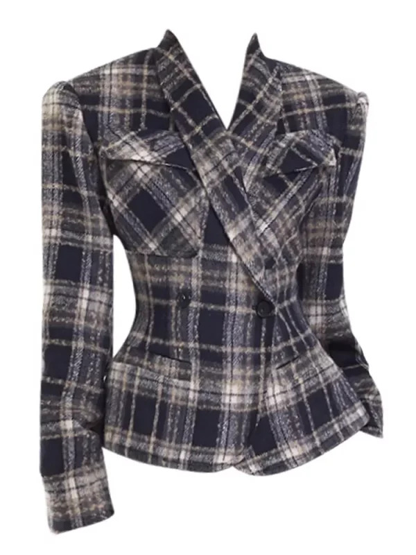 Y2K Vintage Plaid Woolen Blazer - Double Breasted Cropped Jacket