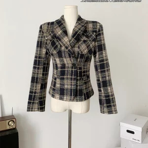 Y2K Vintage Plaid Woolen Blazer - Double Breasted Cropped Jacket