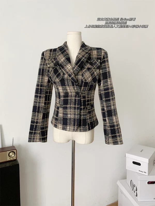 Y2K Vintage Plaid Woolen Blazer - Double Breasted Cropped Jacket