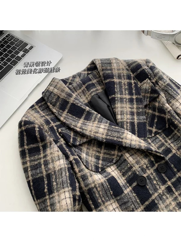 Y2K Vintage Plaid Woolen Blazer - Double Breasted Cropped Jacket