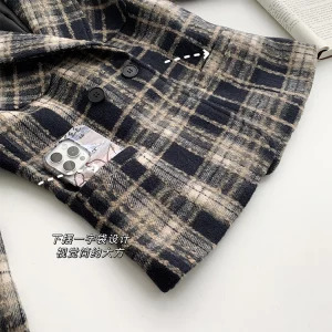 Y2K Vintage Plaid Woolen Blazer - Double Breasted Cropped Jacket