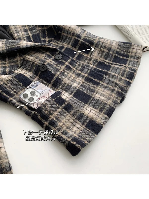 Y2K Vintage Plaid Woolen Blazer - Double Breasted Cropped Jacket