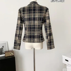 Y2K Vintage Plaid Woolen Blazer - Double Breasted Cropped Jacket