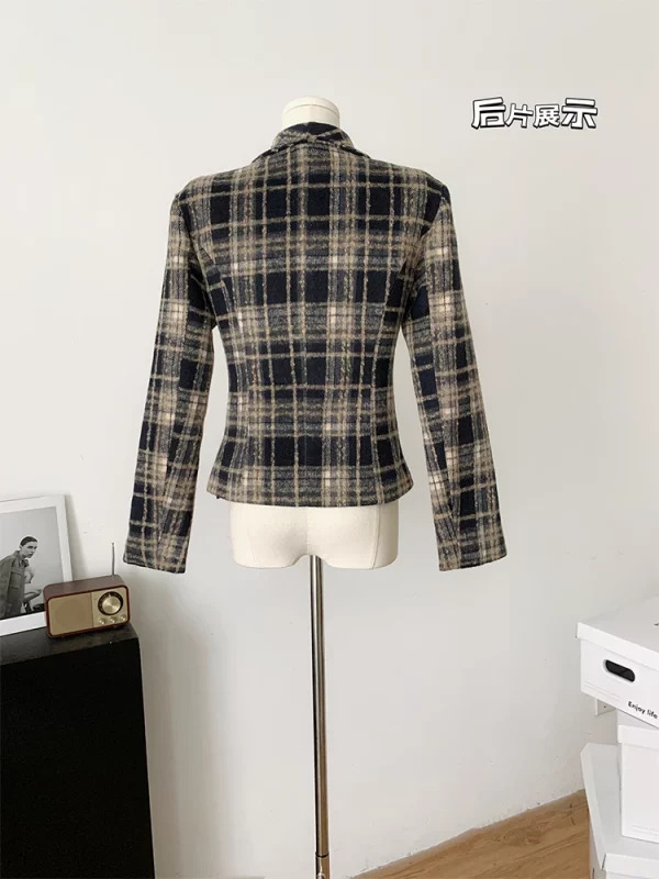 Y2K Vintage Plaid Woolen Blazer - Double Breasted Cropped Jacket