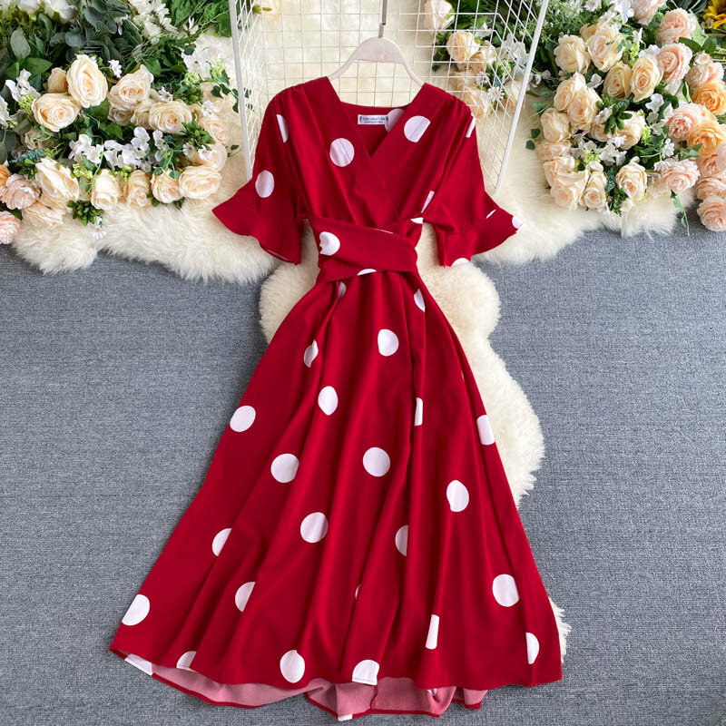 Y2K Vintage Polka Dot Flared Sleeve V-Neck Mid-Length Dress - Summer Chic & Stylish