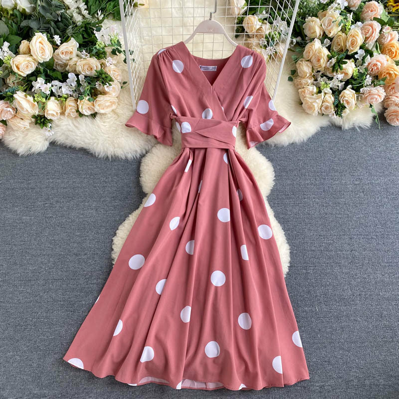 Y2K Vintage Polka Dot Flared Sleeve V-Neck Mid-Length Dress - Summer Chic & Stylish