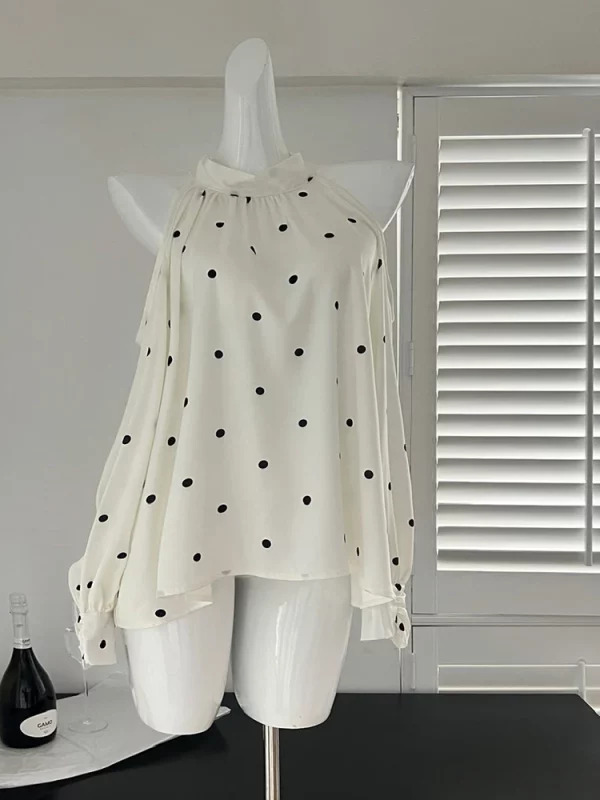 Y2K Vintage Polka Dot Shirt with Hollow Out Sleeves - Retro Grunge Aesthetic Blouse