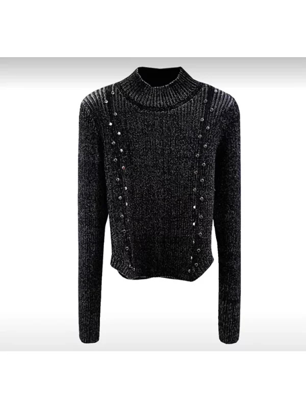 Y2K Vintage Rhinestone Turtleneck Jumper - Dark Academia Cropped Sweater