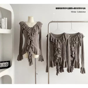 Y2K Vintage Ruffle Cardigan: Autumn Women's Dark Academia Sweater