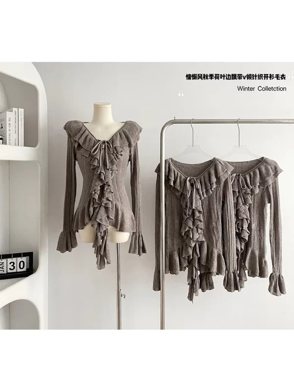 Y2K Vintage Ruffle Cardigan: Autumn Women's Dark Academia Sweater