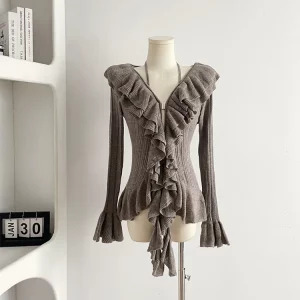 Y2K Vintage Ruffle Cardigan: Autumn Women's Dark Academia Sweater