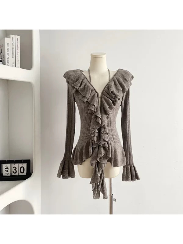 Y2K Vintage Ruffle Cardigan: Autumn Women's Dark Academia Sweater