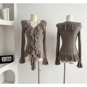 Y2K Vintage Ruffle Cardigan: Autumn Women's Dark Academia Sweater