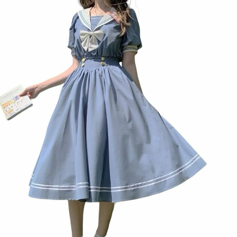 Y2K Vintage Sailor Collar Midi Dress - Short Sleeve Lolita Style for Women